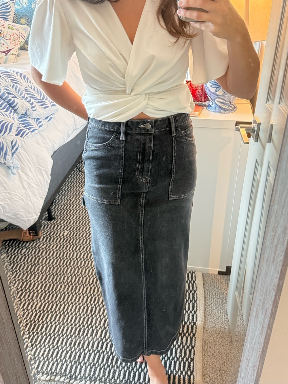 love, Fire Washed Black High-Rise Denim Midi Skirt